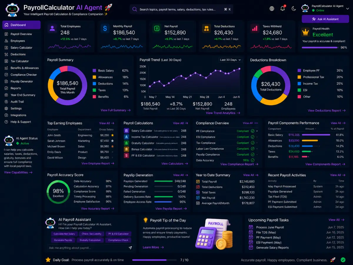 payrollcalculator.app AI payroll calculator agent app — payroll calculator dashboard preview